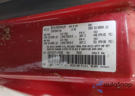 2000 Dodge Ram 2500 St z USA, uszkodzony, nr VIN 1B7KF23Z7YJ183335